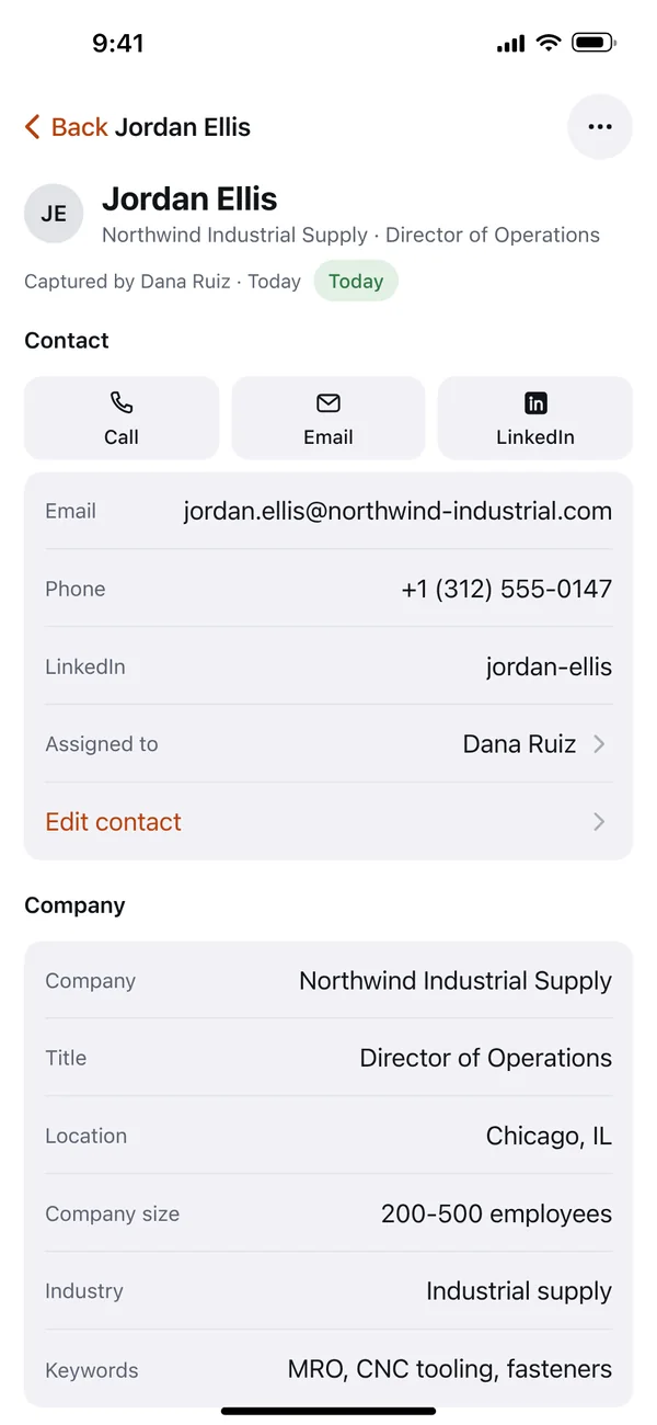 Jordan Ellis's lead page: email, phone, LinkedIn, assigned to Dana Ruiz, and company details such as location, company size and industry